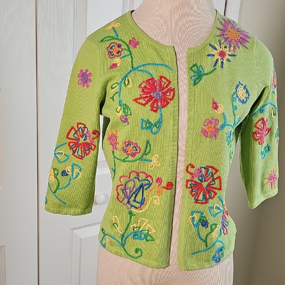 Colorful Embroidered Green‎ Open Cardigan. Size Meduim By CHIME